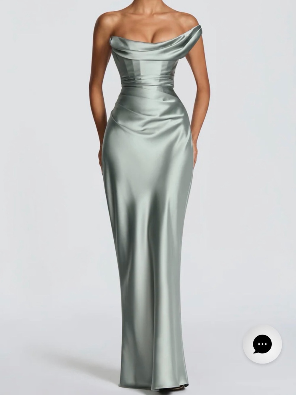 Off-Shoulder Satin Evening Gown in Sage Green